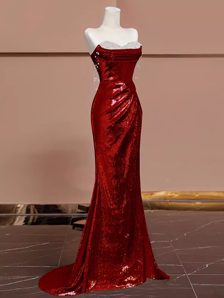 Sexy Mermaid Burgundy Sequin Long Prom Dress B361