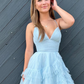 Light Blue A-line V Neck Ruffle-Layers Homecoming Dress Birthday Dress C571