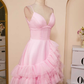 Light Blue A-line V Neck Ruffle-Layers Homecoming Dress Birthday Dress C571