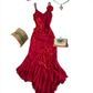 Robe de soirée sexy fourreau asymétrique à bretelles spaghetti en mousseline de soie sans manches bordeaux C2511