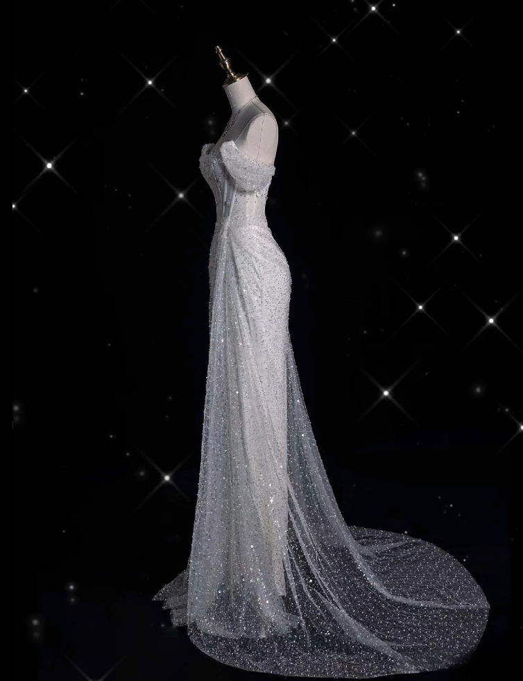Robe de mariée sirène élégante, épaules dénudées, paillettes, longue, blanche, CC356