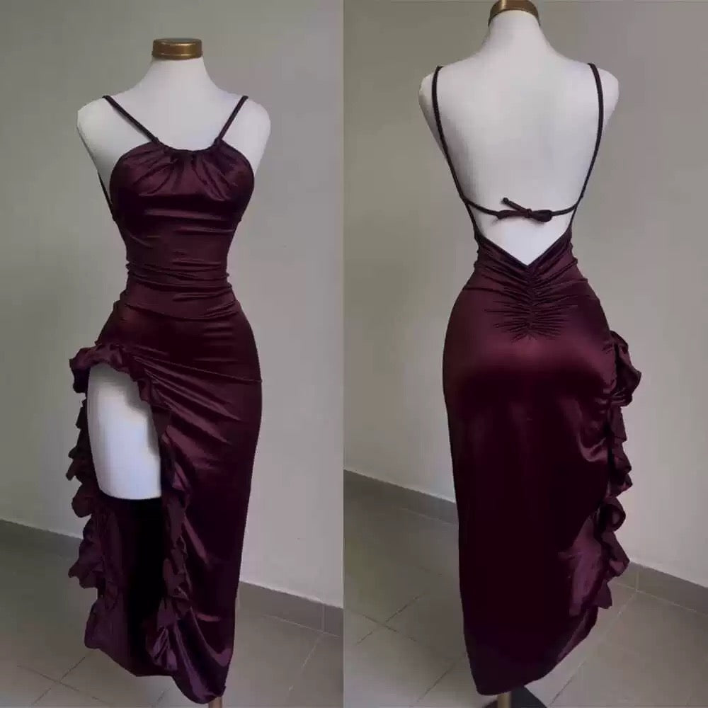Vintage Mermaid Spaghetti Straps Custom Silk Satin Blue Long Prom Dresses C730