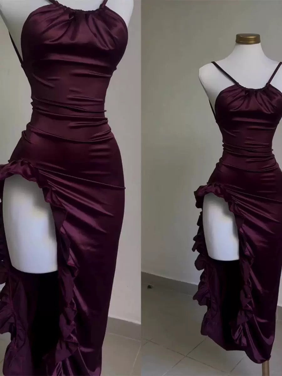 Vintage Mermaid Spaghetti Straps Custom Silk Satin Blue Long Prom Dresses C730
