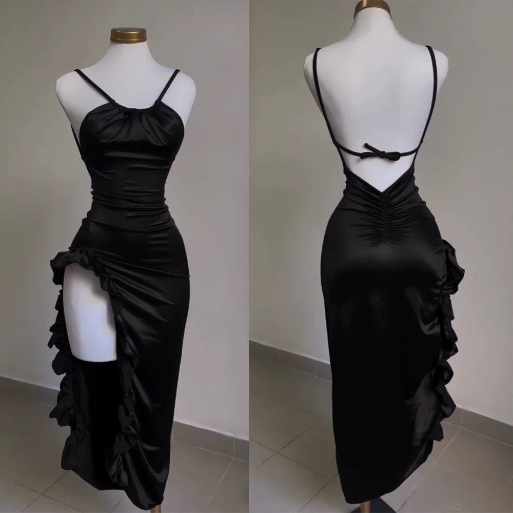 Vintage Mermaid Spaghetti Straps Custom Silk Satin Blue Long Prom Dresses C730