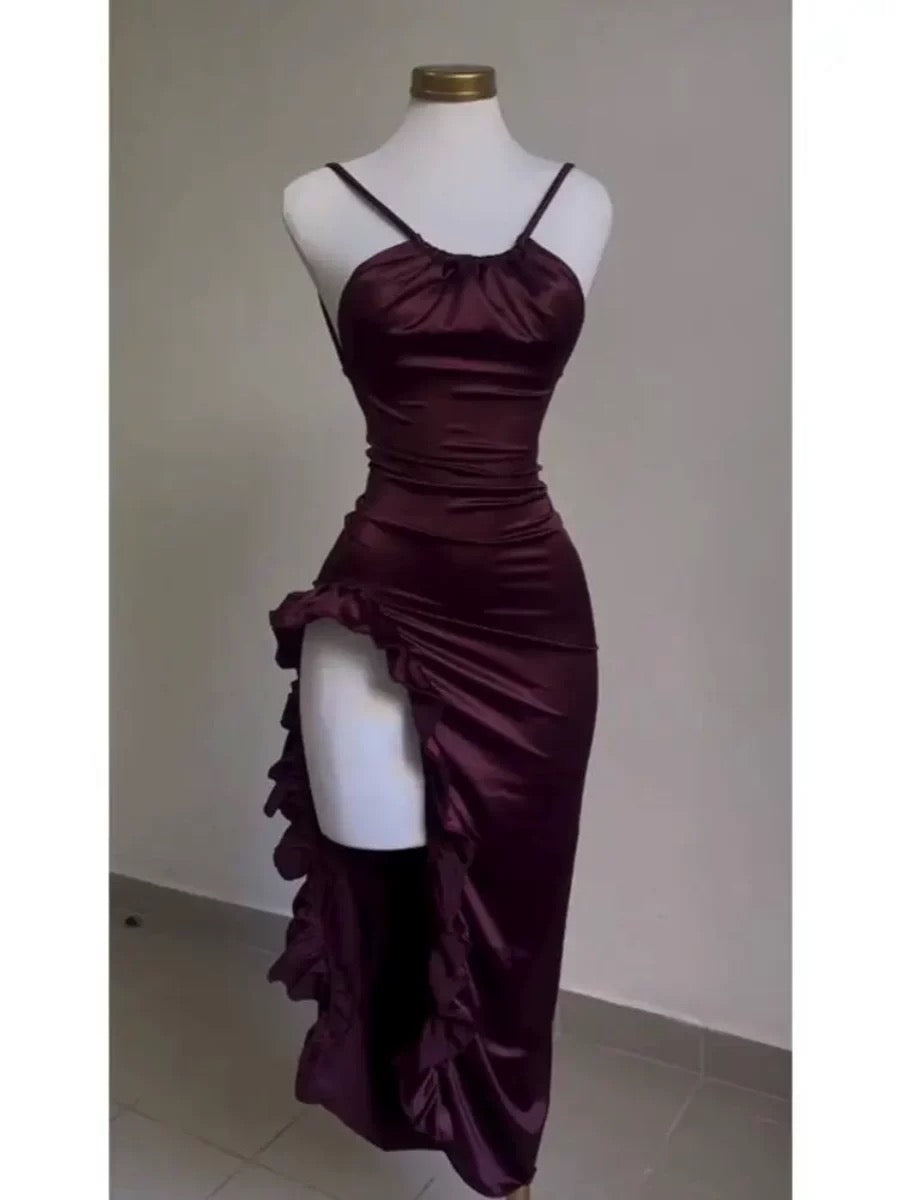 Vintage Mermaid Spaghetti Straps Custom Silk Satin Blue Long Prom Dresses C730