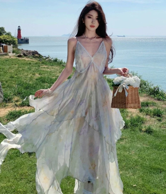 Nouvelle robe longue d'été élégante de style français pour femme C7651