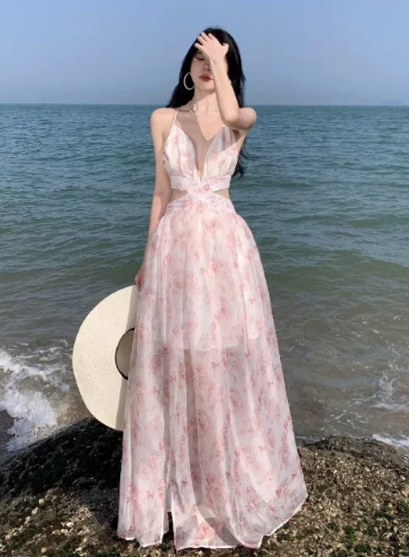 Nouvelle robe longue d'été élégante de style français pour femme C7652