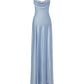 Robe de soirée longue en satin bleu ciel clair à bretelles trapèze C3142