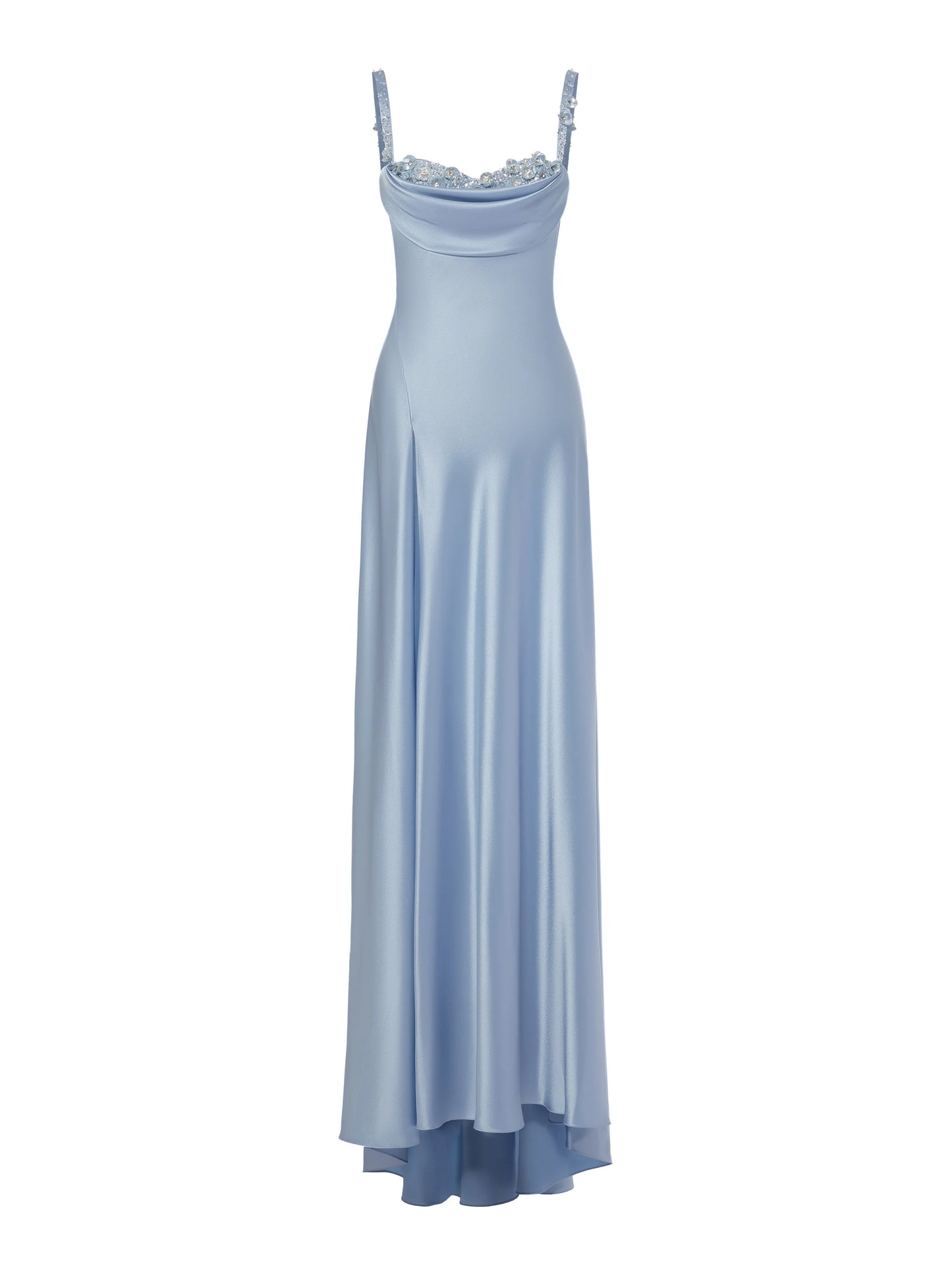 Robe de soirée longue en satin bleu ciel clair à bretelles trapèze C3142
