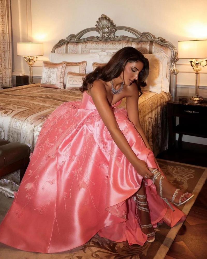 Robe de soirée en satin rose à col en cœur et coupe trapèze, longueur au sol, robe de bal BD2519