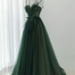 Robe de bal bretelles Spaghetti longueur au sol vert foncé longues robes de bal B008