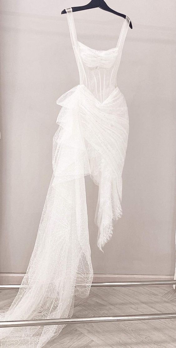 Elegant Straps Glitter White Reception dress White Party Dress Wedding Dress C316