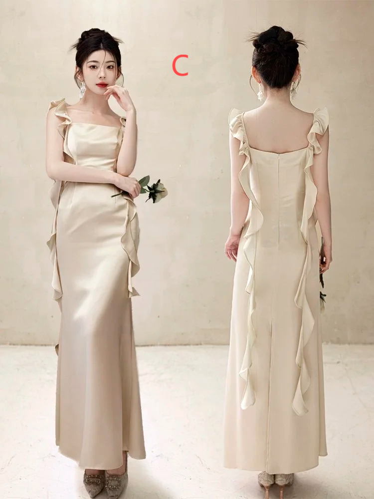 Robe de demoiselle d'honneur longue et élégante en satin, coupe trapèze, C3882
