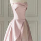 A-Line Satin Tulle Pink Long Prom Dress With Pearls B048