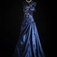 Chic A Line Spaghetti Straps Navy Satin Beaded Long Prom Dress, Evening Dress C6263
