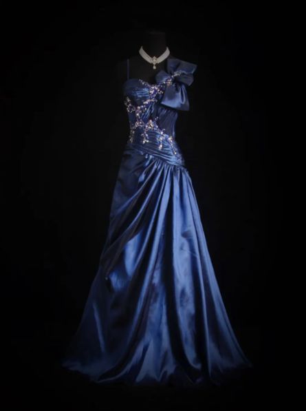 Chic A Line Spaghetti Straps Navy Satin Beaded Long Prom Dress, Evening Dress C6263