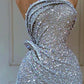 Elegant Mermaid Strapless Sequin Light Sky Blue Long Prom Dresses Evening Dress C3137