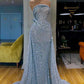 Elegant Mermaid Strapless Sequin Light Sky Blue Long Prom Dresses Evening Dress C3137