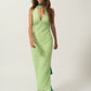 Robe de soirée longue verte modeste à bretelles et décolleté en V et ligne A C2835