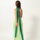Robe de soirée longue verte modeste à bretelles et décolleté en V et ligne A C2835