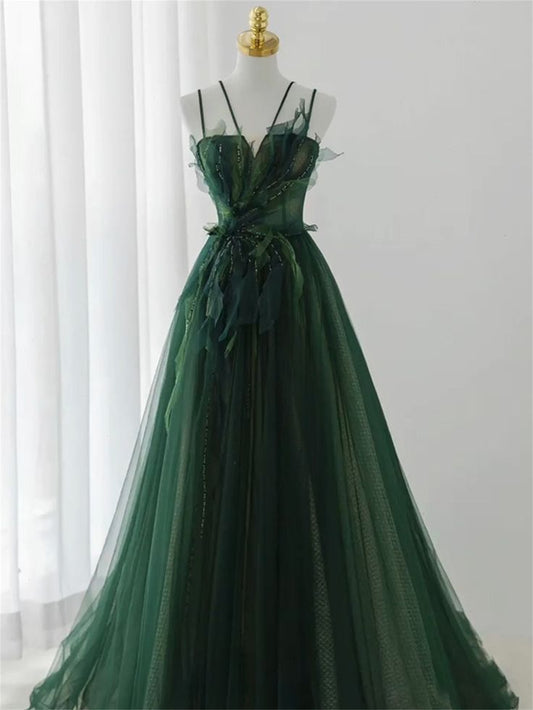 Robe de bal bretelles Spaghetti longueur au sol vert foncé longues robes de bal B008