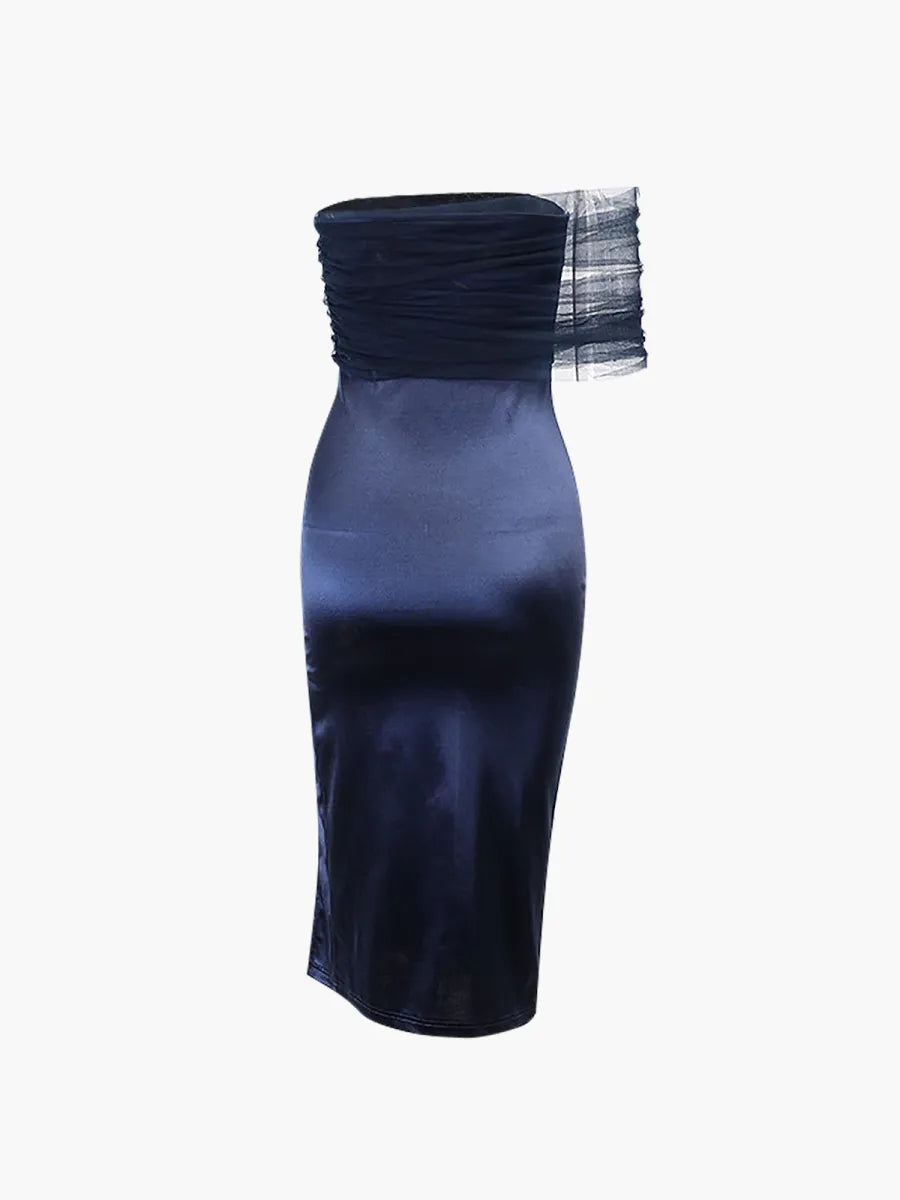 Elegant Sheath Off The Shoulder Tulle Navy Blue Slit Prom Dresses Evening Dress C2763