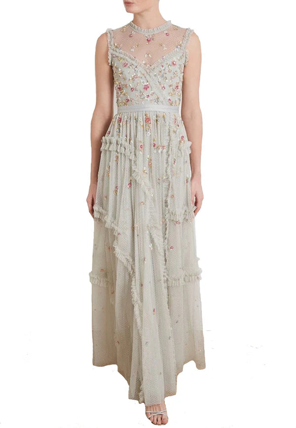 Modest A Line Scoop Tulle Flowers Long Prom Dresses C336
