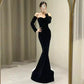 Vintage Mermaid Sweetheart Black Velvet Long Evening Dress Prom Dresses With Bow C3458