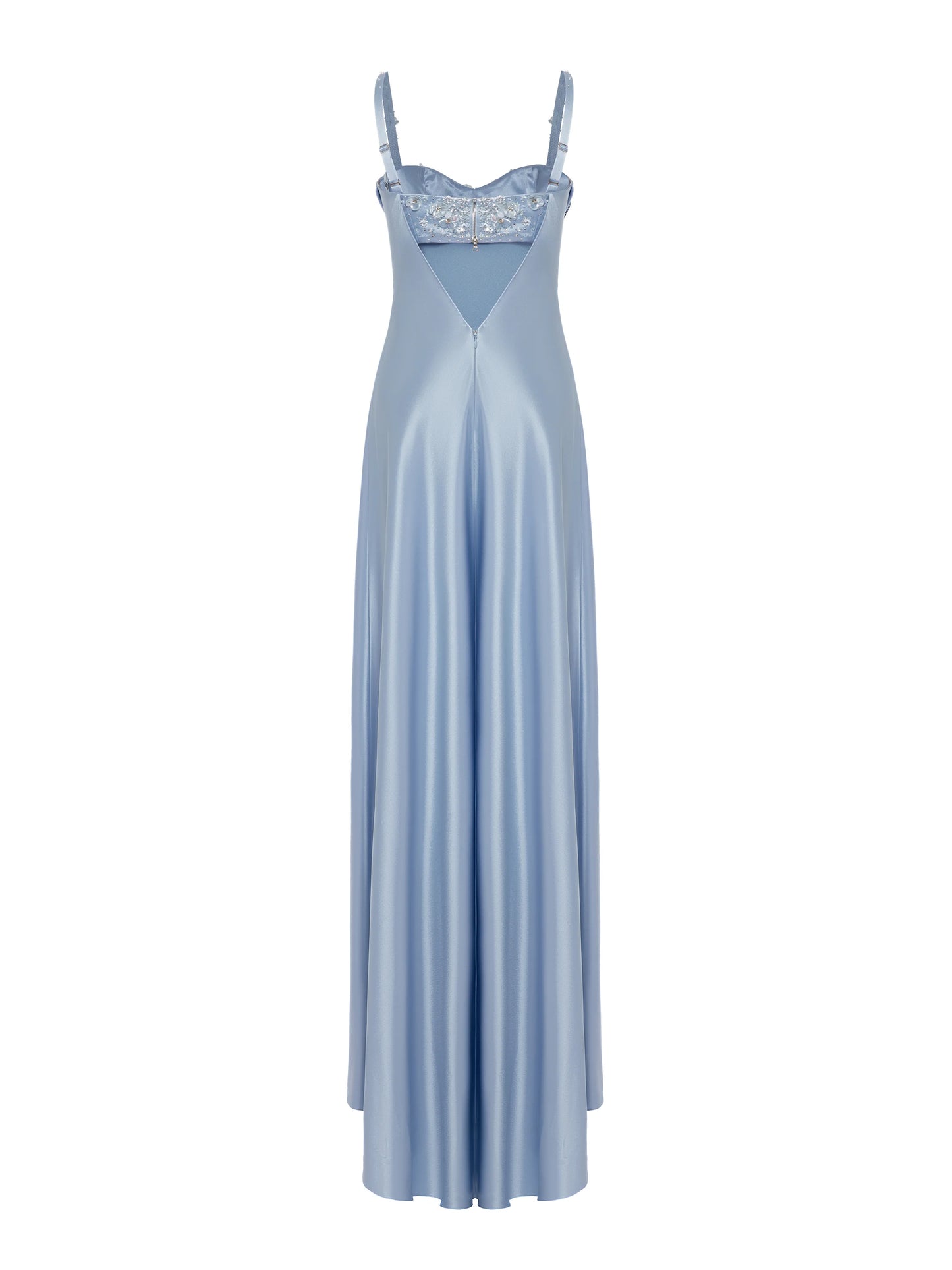 Robe de soirée longue en satin bleu ciel clair à bretelles trapèze C3142
