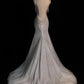Robe de soirée longue argentée à bretelles spaghetti et paillettes de style sirène sexy C2819