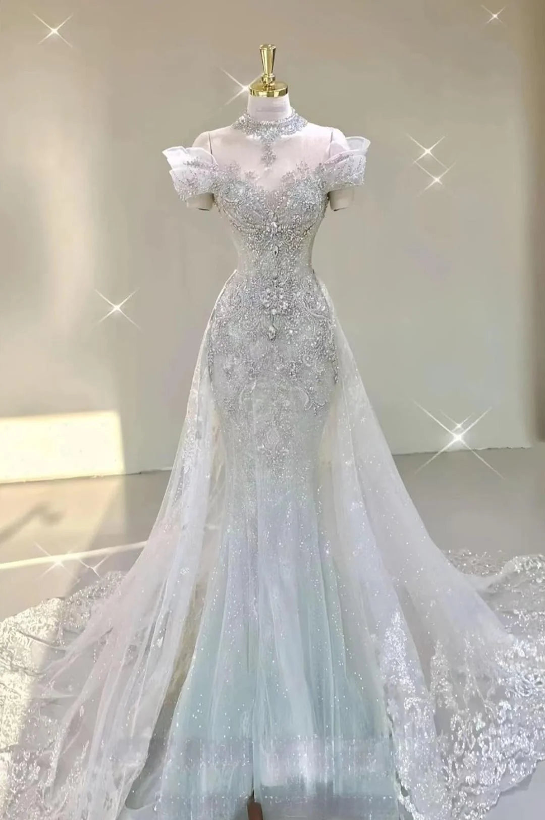 Vintage White Mermaid Off The Shoulder Sequin Long Wedding Dresses C772