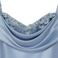 Robe de soirée longue en satin bleu ciel clair à bretelles trapèze C3142