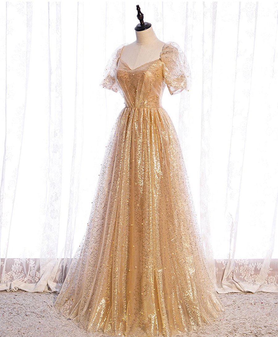 Gold tulle v neck long prom dress gold tulle formal dress BD78