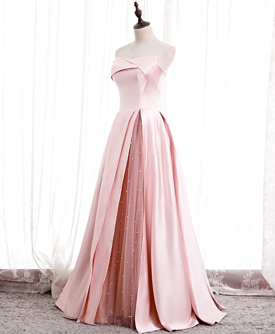 Robe de bal longue rose simple en satin, robe de soirée rose BD81