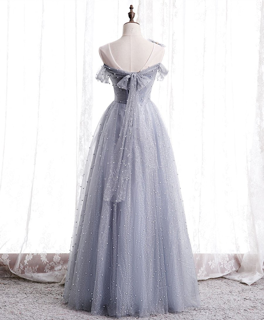 Gray one shoulder tulle long prom dress gray tulle evening dress BD64