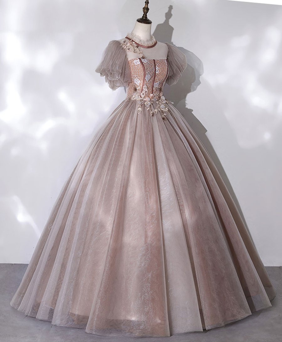 Pink tulle lace long prom dress pink lace prom gown BD54