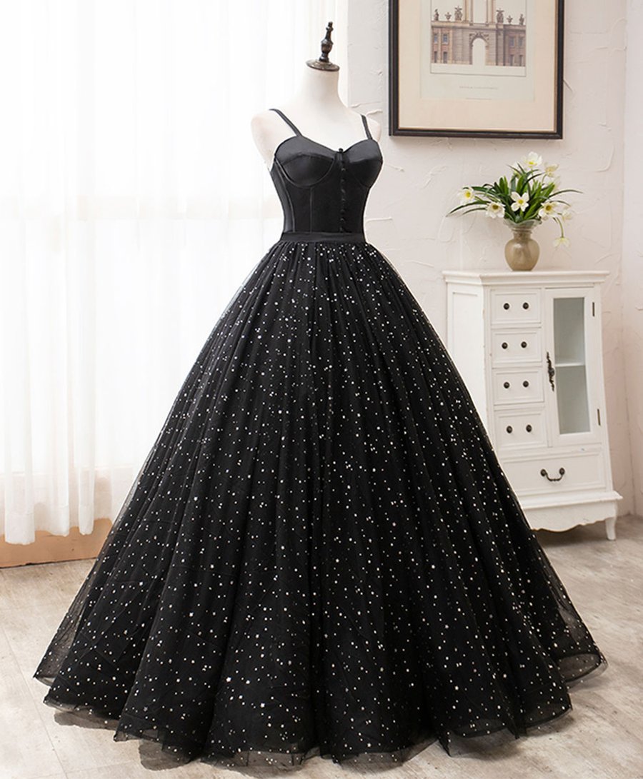 Black sweetheart tulle long prom dress black evening dress BD52