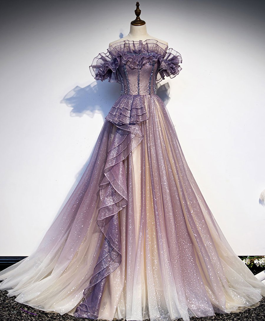 Robe de bal longue en tulle violet à paillettes robe de soirée violette BD97
