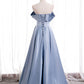 Robe de bal longue en satin bleu à épaules dénudées, robe de soirée bleue BD80