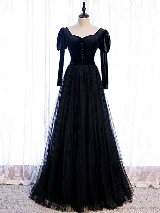 Simple black satin long prom dress black evening dress BD95
