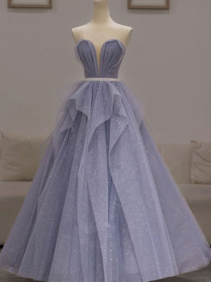 Purple tulle sequin long prom dress purple sequin evening dress BD41