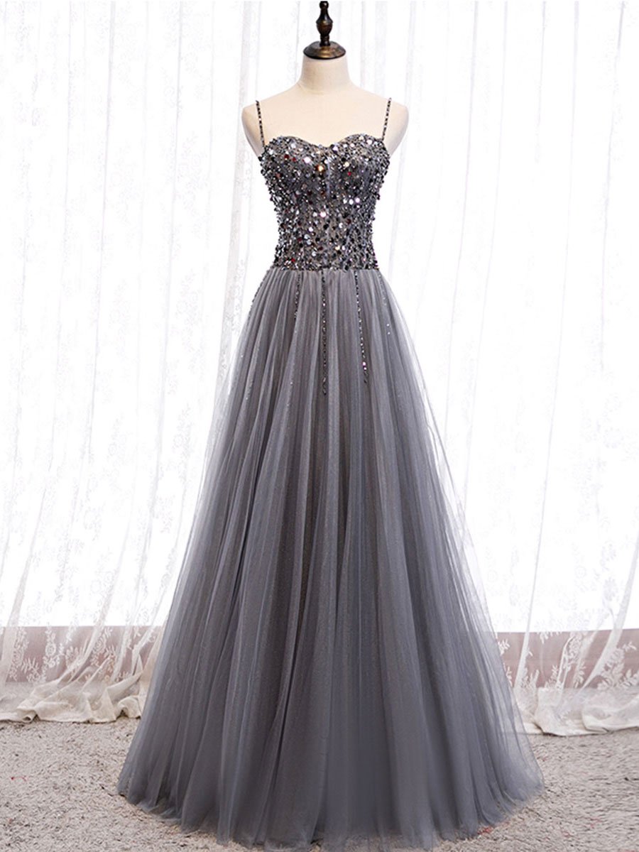 Gray sweetheart neck tulle sequin beads long prom dress BD65