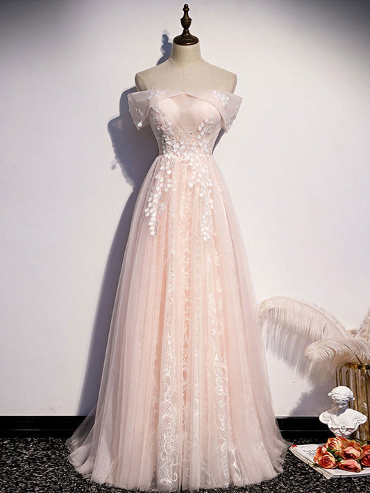 Pink tulle lace long prom dress pink tulle formal dress BD35
