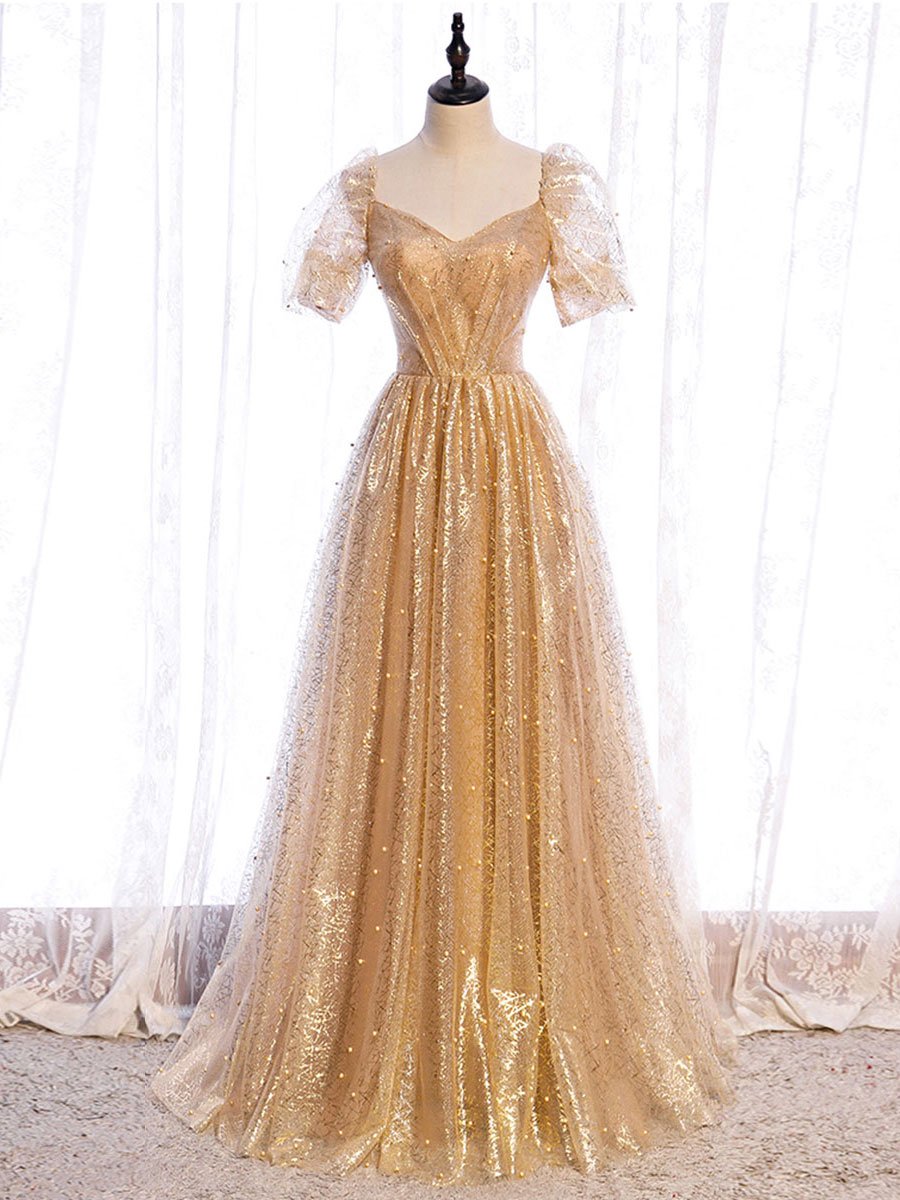 Gold tulle v neck long prom dress gold tulle formal dress BD78