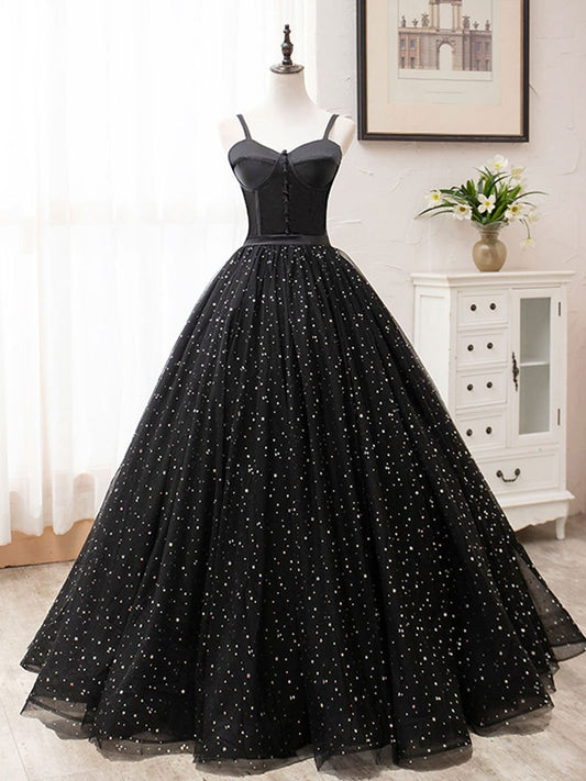 Black sweetheart tulle long prom dress black evening dress BD52