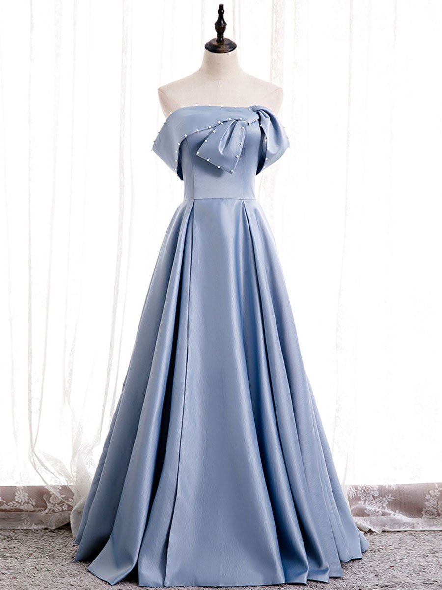 Blue satin of shoulder long prom dress blue evening dress BD80