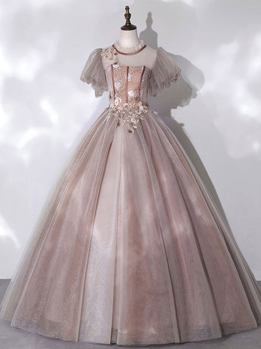 Robe de bal longue en dentelle de tulle rose robe de bal en dentelle rose BD54