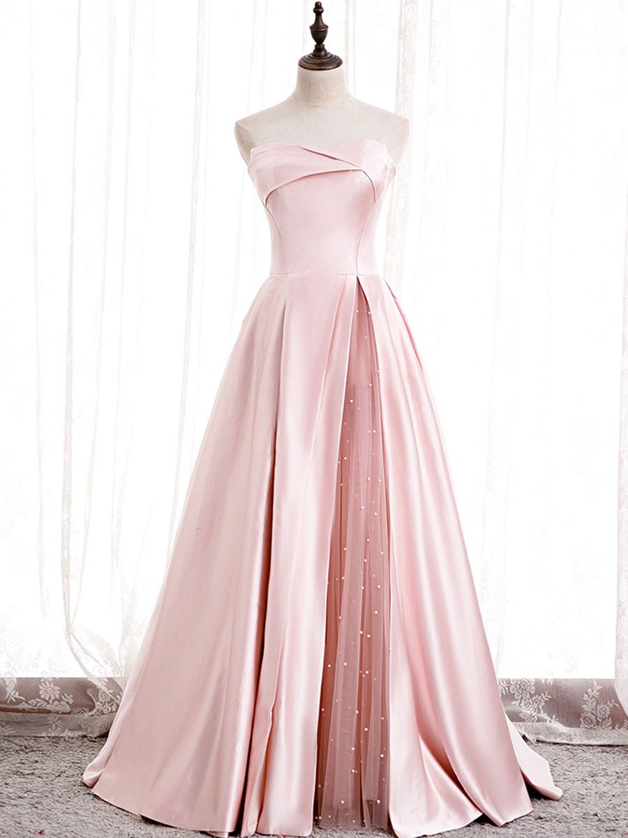 Simple satin long pink prom dress, pink evening dress BD81