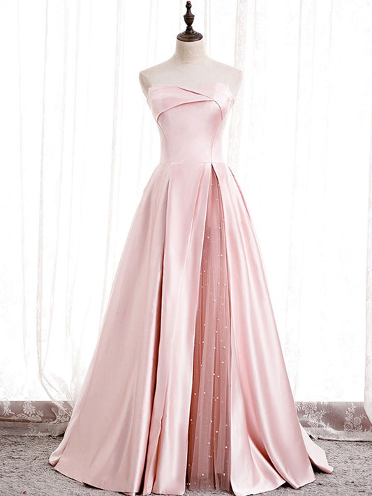 Robe de bal longue rose simple en satin, robe de soirée rose BD81