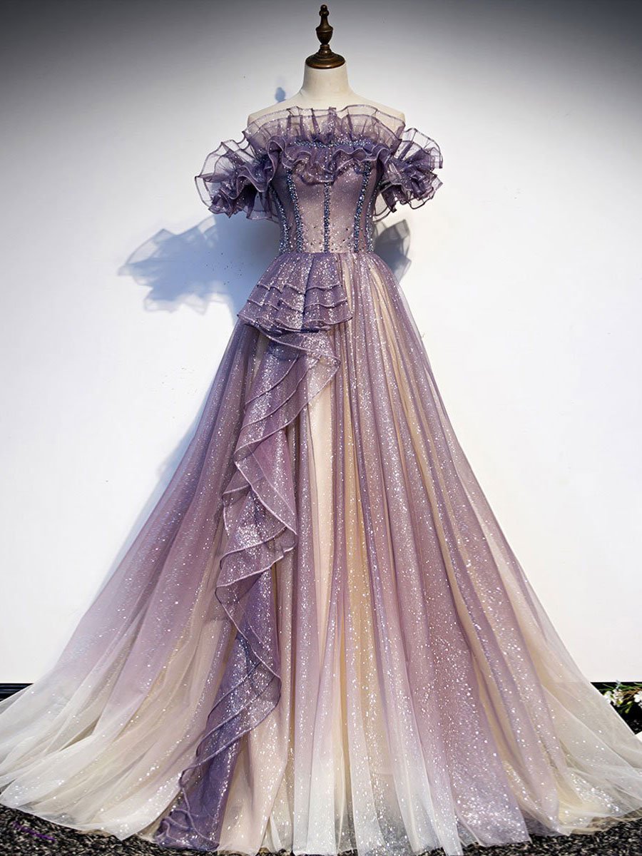 Purple tulle sequin long prom dress purple evening dress BD97